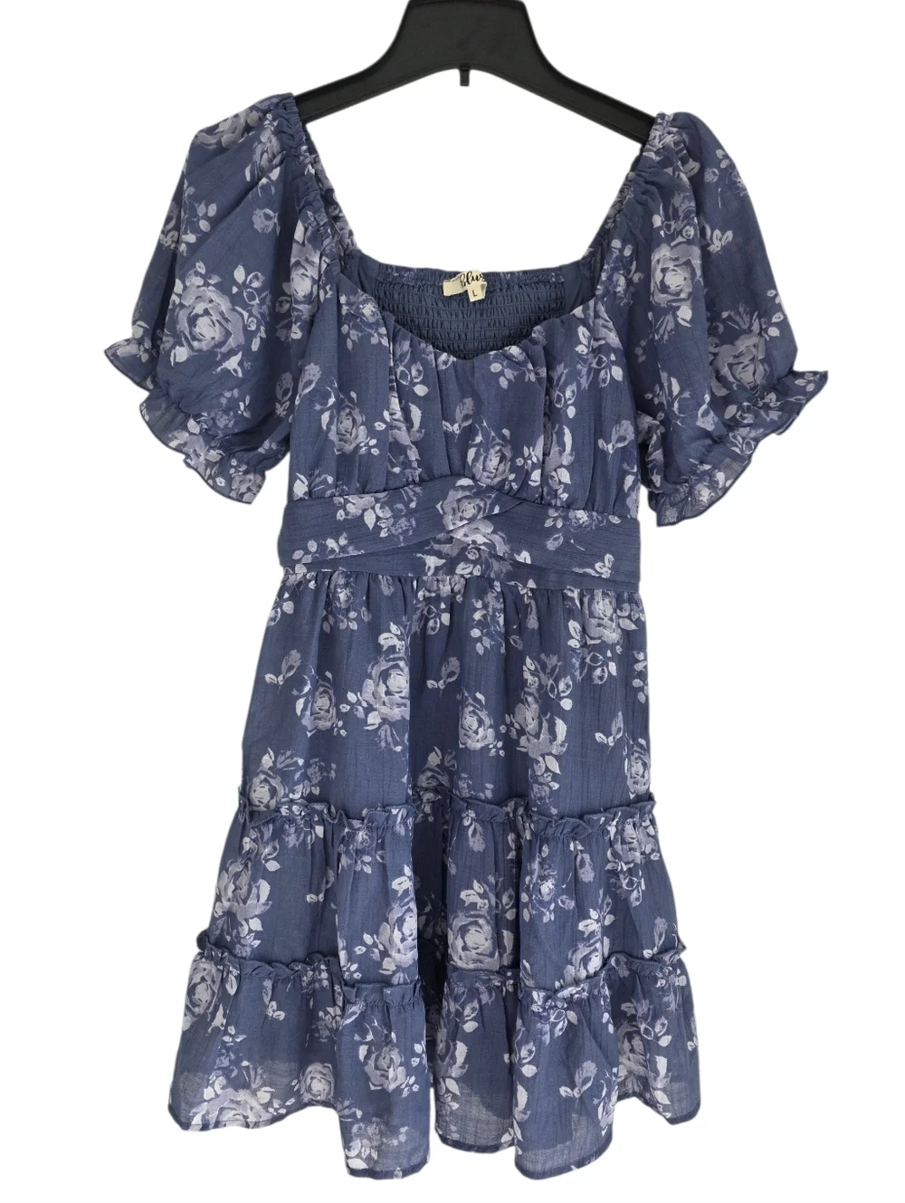 Blush Floral Mini Dress Puff Sleeves Tiered Skirt Blue Size Large